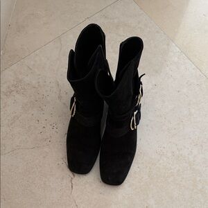 Stuart Weitzman Black Suede Ankle Boots with Silver Buckles